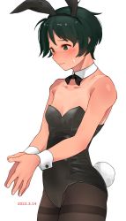 Rule 34 | 1girl, animal ears, bare shoulders, black hair, black leotard, black pantyhose, bow, bowtie, breasts, cowboy shot, dated, detached collar, green eyes, highres, kantai collection, leotard, mogami (kancolle), one-piece tan, pantyhose, playboy bunny, rabbit ears, rabbit tail, short hair, simple background, small breasts, solo, strapless, strapless leotard, tail, tan, tanline, thighband pantyhose, tooku nomura (artist), white background, wrist cuffs
