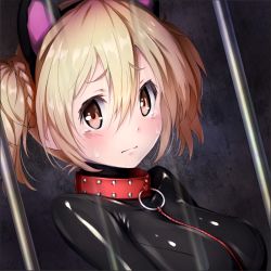 Rule 34 | 1girl, animal collar, animal ears, bars, blonde hair, blush, bodysuit, breasts, brown eyes, collar, fake animal ears, latex, latex suit, leash, looking at viewer, original, purinpu, shiny clothes, short hair, solo, tears, twintails