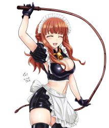 Rule 34 | 1girl, alternate costume, apron, artist name, bell, black gloves, blunt bangs, blush, braid, breasts, cleavage, closed eyes, cowboy shot, dated, de ruyter (kancolle), enmaided, gloves, holding, holding whip, kantai collection, large breasts, long hair, maid, maid apron, navel, open mouth, puffy short sleeves, puffy sleeves, red hair, short sleeves, side braid, signature, simple background, smile, solo, teeth, tk8d32, upper teeth only, waist apron, white apron, white background