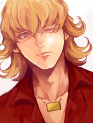 Rule 34 | 10s, 1boy, barnaby brooks jr., blonde hair, close-up, curly hair, glasses, green eyes, jewelry, male focus, necklace, solo, tegaki, tiger &amp; bunny, wink