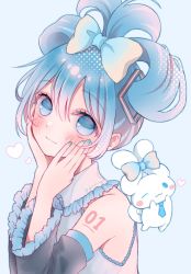 Rule 34 | 1girl, :3, black sleeves, blue background, blue bow, blue eyes, blue hair, blue nails, blue necktie, blush, blush stickers, body writing, bow, cinnamiku, cinnamoroll, closed mouth, collared shirt, commentary, crossover, detached sleeves, frilled shirt, frilled shirt collar, frilled sleeves, frills, ginniroya, grey shirt, hair bow, hair ornament, hair rings, hands on own face, hatsune miku, heart, highres, looking at viewer, nail polish, necktie, one eye closed, sanrio, shirt, smile, solo, tied ears, twitter username, updo, upper body, vocaloid