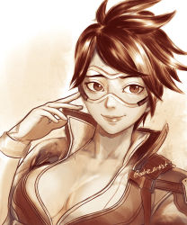 Rule 34 | 1girl, bomber jacket, breasts, cleavage, collarbone, gloves, goggles, jacket, lips, looking at viewer, luffie, marker (medium), medium breasts, monochrome, no bra, nose, open clothes, open jacket, overwatch, overwatch 1, portrait, short hair, smile, solo, spiked hair, tracer (overwatch), traditional media, twitter username