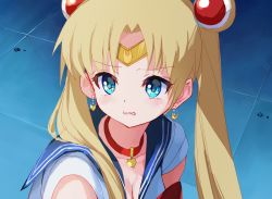 Rule 34 | 1girl, absurdres, bishoujo senshi sailor moon, bishoujo senshi sailor moon s, blonde hair, blue eyes, breasts, choker, circlet, cleavage, clenched teeth, commentary, crescent, crescent earrings, derivative work, diadem, earrings, eyes visible through hair, heart, heart choker, highres, jewelry, long hair, meme, red choker, sailor collar, sailor moon, sailor moon redraw challenge (meme), screenshot redraw, shirt, short sleeves, solo, sweat, takepon1123, teeth, twintails, white shirt