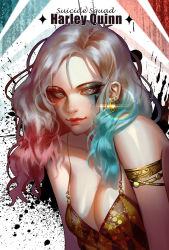 Rule 34 | 1girl, armi, armlet, bare shoulders, blonde hair, blue hair, breasts, character name, cleavage, closed mouth, collarbone, copyright name, dc comics, dress, earrings, eyelashes, facepaint, facial mark, green hair, harley quinn, hoop earrings, jewelry, kim armi, lipstick, long hair, looking at viewer, makeup, mascara, medium breasts, multicolored hair, nose, pink hair, red lips, red lips, sleeveless, sleeveless dress, smile, solo, suicide squad, upper body