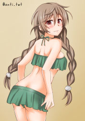 Rule 34 | 1girl, alternate costume, anti (untea9), ass, bikini, blush, braid, breasts, brown eyes, butt crack, closed mouth, cloud hair ornament, gradient background, green bikini, highres, kantai collection, large breasts, light brown hair, long hair, looking at viewer, minegumo (kancolle), red eyes, solo, swimsuit, twin braids