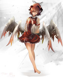 Rule 34 | 1girl, 2016, :o, animal ears, arm garter, barefoot, bird wings, brown hair, commentary request, dated, dress, eyepatch, frilled sleeves, frills, full body, hat, houdukixx, long sleeves, looking at viewer, mob cap, multiple wings, mystia lorelei, one-hour drawing challenge, one eye covered, red dress, red eyes, short dress, short hair, signature, solo, touhou, wide sleeves, wings