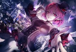 Rule 34 | blurry, bug, butterfly, character name, dated, depth of field, elf, english text, foreshortening, hat, hat feather, insect, looking at viewer, lucid (maplestory), maplestory, mini hat, mini top hat, night, night sky, outdoors, pink eyes, pink hair, pointy ears, sky, smile, solo, top hat, yoteh