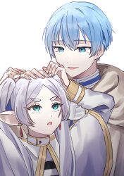 Rule 34 | 1boy, 1girl, :o, blue hair, capelet, dangle earrings, drop earrings, earrings, elf, frieren, green eyes, hand on another&#039;s head, headpat, highres, himmel (sousou no frieren), i.no, jewelry, long hair, long sleeves, mole, mole under eye, open mouth, parted bangs, pointy ears, shirt, short hair, simple background, smile, sousou no frieren, striped clothes, striped shirt, thick eyebrows, twintails, white background, white capelet, white hair