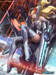 Rule 34 | 1girl, arm cannon, armor, blonde hair, blue eyes, boots, breasts, chaos drive, ear protection, elbow gloves, electricity, energy, gloves, hairband, kilart, leotard, lips, long hair, magnetic weapon, mecha musume, official art, railgun, ria (chaos drive), robot ears, science fiction, solo, thigh boots, thighhighs, weapon