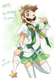 Rule 34 | 1boy, blue eyes, bright pupils, brown hair, cosplay, crossdressing, english text, fabulous, facial hair, hairy legs, happy birthday, leg hair, luigi, magical boy, magical girl, male focus, mario (series), mustache, nintendo, one eye closed, open mouth, precure, sketch, solo, standing, standing on one leg, super mario bros. 1, thick eyebrows, thighhighs, weee (raemz), white thighhighs, wink