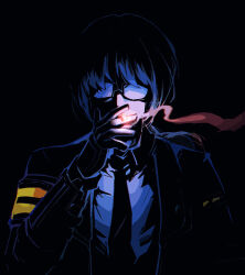 Rule 34 | 1boy, armband, blue theme, cigarette, coat, collared shirt, dark, flaw eight, glasses, gloves, gregor (project moon), hand up, limbus company, limited palette, low ponytail, male focus, mechanical arms, necktie, project moon, shirt, single mechanical arm, smoke, smoking, solo