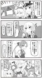 Rule 34 | 10s, 3girls, ?, akigumo (kancolle), armpits, arms up, bag, blank eyes, blouse, bottle, bow, breasts, capelet, closed eyes, comic, comiket, commentary request, dress, elbow gloves, gloves, graf zeppelin (kancolle), greyscale, grin, hair bow, hat, unworn hat, unworn headwear, highres, ido (teketeke), iowa (kancolle), kantai collection, large breasts, long hair, military, military uniform, monochrome, multiple girls, navel, necktie, one eye closed, open mouth, parted bangs, peaked cap, pinafore dress, ponytail, school uniform, shirt, shoulder bag, sidelocks, sleeveless, sleeveless dress, smile, sweat, sweatdrop, taking picture, tied shirt, tokyo big sight, towel, towel around neck, translation request, twintails, uniform, water bottle