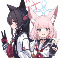 Rule 34 | 2girls, :d, absurdres, animal ear fluff, animal ears, black choker, black gloves, black hair, black sailor collar, blue archive, blue eyes, blush, bow, choker, collarbone, fingerless gloves, fox ears, gloves, hair ornament, halo, hand up, highres, long hair, long sleeves, looking at viewer, multiple girls, neckerchief, niko (blue archive), open mouth, pink hair, red neckerchief, sailor collar, school uniform, serafuku, shirt, short hair, simple background, smile, upper body, v, white background, white shirt, xsan, yukino (blue archive)