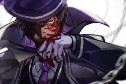 Rule 34 | 1boy, aqiqiqiqi, blood, blood on clothes, blood on face, blue vest, bow, brown hair, cape, chain, collared shirt, gloves, hand up, hat, hat bow, heathcliff (project moon), highres, limbus company, looking at viewer, male focus, necktie, project moon, purple cape, purple hat, purple necktie, red eyes, shirt, simple background, solo, upper body, vest, white background, white gloves, white shirt
