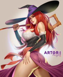 Rule 34 | 1girl, absurdres, arm warmers, artist name, arttoru, ass, bare shoulders, breasts, commentary, dragon&#039;s crown, dress, gradient background, hat, highres, holding, large breasts, lips, long hair, looking at viewer, red eyes, red hair, signature, simple background, smile, sorceress (dragon&#039;s crown), staff, strapless, strapless dress, thighs, vanillaware, watermark, witch hat
