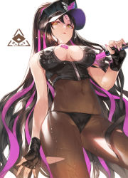 Rule 34 | 1girl, absurdres, bare shoulders, bikini, black bikini, black gloves, black hair, black hat, black pantyhose, blush, breasts, cleavage, covered navel, facial mark, fate/grand order, fate (series), fingerless gloves, forehead mark, gloves, halterneck, hat, highres, large breasts, long hair, looking at viewer, multicolored hair, necktie, ohland, pantyhose, parted bangs, parted lips, pink hair, pink neckwear, police hat, ponytail, sessyoin kiara, sessyoin kiara (swimsuit mooncancer), sessyoin kiara (swimsuit mooncancer) (second ascension), streaked hair, swimsuit, thighs, traffic baton, very long hair, wet, yellow eyes