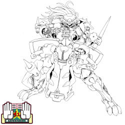 Rule 34 | female focus, helmet, highres, hong meiling, lance, ledjoker07, lineart, machinery, mecha, mechanization, no humans, polearm, robot, simple background, standing, touhou, weapon, white background