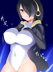 Rule 34 | 10s, 1girl, black hair, black jacket, breasts, brown eyes, covered navel, emperor penguin (kemono friends), hair over one eye, headphones, highleg, highleg leotard, jacket, kemono friends, large breasts, leotard, long hair, looking at viewer, multicolored hair, open clothes, smile, solo, sugamo, white leotard