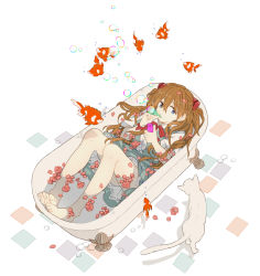 Rule 34 | 0930erina, 1girl, animal, bath, bathing, blue dress, blue eyes, bottle, brown hair, bubble, blowing bubbles, cat, clownfish, dress, fish, flower, flying fish, from above, full body, hair between eyes, hair ornament, hairclip, holding, holding bottle, holding bubble, in water, liquid, long hair, looking at viewer, lying, neon genesis evangelion, on back, petals, petals on liquid, pink flower, school uniform, shirt, short sleeves, simple background, solo, souryuu asuka langley, surreal, two side up, uniform, white background, white cat, white shirt