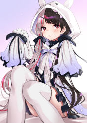 Rule 34 | 1girl, absurdres, aoi kurora, bad id, bad pixiv id, black hair, black ribbon, blue coat, blurry, blush, closed mouth, coat, commentary, depth of field, dress, feet out of frame, hair ribbon, highres, hood, hood up, long hair, looking at viewer, multicolored hair, nijisanji, red eyes, red hair, ribbon, silver hair, sitting, sleeves past fingers, sleeves past wrists, smile, solo, split-color hair, streaked hair, thighhighs, thighs, twintails, two-tone hair, very long hair, virtual youtuber, white dress, white thighhighs, yorumi rena, yorumi rena (3rd costume), zettai ryouiki