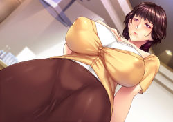 Rule 34 | 1girl, blush, bottle, breasts, cleavage, covered erect nipples, curvy, dutch angle, expressionless, hand on breasts, huge breasts, indoors, large breasts, light, looking down, mature female, mole, mole under mouth, nakadashi ganbou no wakeari hitozuma haken service, pink lips, puffy nipples, purple eyes, short hair, short sleeves, skirt, solo, tagme, yui.h