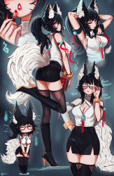 Rule 34 | 1girl, ahri (league of legends), alternate costume, animal ear fluff, animal ears, armpits, arms up, bare shoulders, black-framed eyewear, black footwear, black hair, black skirt, black thighhighs, book, boots, bracelet, breasts, chibi, cleavage cutout, closed eyes, clothing cutout, commentary, cosmetics, doge, ehrrr, english commentary, english text, facial mark, fox ears, fox girl, fox tail, glasses, hand on own hip, high heel boots, high heels, highres, jewelry, knee boots, large breasts, league of legends, lipstick tube, long hair, multiple views, nail polish, office lady, one eye closed, orange eyes, pencil skirt, ponytail, red lips, lipstick tube, red nails, shirt, skirt, tail, tail through clothes, thighhighs, thighhighs under boots, tying hair, whisker markings, white shirt, zettai ryouiki