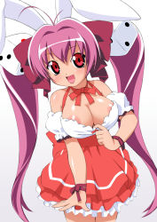 Rule 34 | 1girl, animal ears, bare shoulders, bow, bowtie, breasts, choker, cleavage, clothes pull, di gi charat, dice, dress, elf k, hair ornament, hair ribbon, large breasts, long hair, pink hair, rabbit ears, red eyes, ribbon, simple background, smile, solo, sweat, twintails, usada hikaru, very long hair