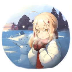 Rule 34 | 1girl, :o, ahoge, azur lane, blonde hair, blush, building, coat, commentary, day, hair between eyes, hair ornament, hairclip, heavy breathing, highres, long hair, long sleeves, maury (azur lane), mittens, open mouth, outdoors, plaid mittens, ponytail, red mittens, red scarf, round image, scarf, sidelocks, snow, snowing, snowman, solo, standing, tree, upper body, white coat, winter, winter clothes, winter coat, yellow eyes, yohia