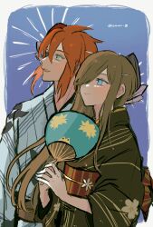 Rule 34 | 1boy, 1girl, absurdres, blue eyes, brown hair, brown kimono, closed mouth, commentary request, couple, green eyes, hair over one eye, hand fan, highres, holding, holding fan, japanese clothes, kimono, light blush, long hair, long sleeves, looking to the side, looking up, luke fon fabre, mask, mask on head, obi, official alternate costume, one eye covered, parted lips, print kimono, red hair, sash, short hair, sidelocks, smile, summer, swept bangs, tales of (series), tales of the abyss, tales of the rays, tear grants, temidoll, twitter username, white kimono, wide sleeves, yukata
