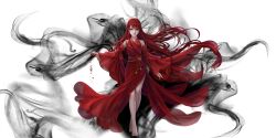 Rule 34 | 1girl, absurdres, against the gods, bare legs, bare shoulders, barefoot, blood, chinese clothes, detached sleeves, dress, floating hair, full body, highres, jasmine (against the gods), long hair, official art, red dress, red eyes, red hair, solo, tassel, white background, wide sleeves