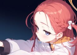Rule 34 | 1girl, ai-assisted, blue archive, blush, bow, closed mouth, hair bow, halo, jacket, long hair, long sleeves, looking at viewer, orange halo, purple eyes, red hair, solo, tyureu, upper body, white bow, white jacket, yuzu (blue archive)