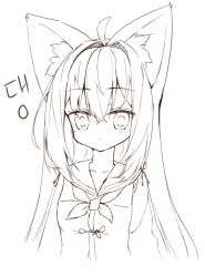 Rule 34 | 1girl, ahoge, animal ear fluff, animal ears, blush, breasts, closed mouth, collarbone, commentary request, flower knot, fox ears, greyscale, hair between eyes, hair intakes, highres, jacket, korean commentary, korean text, long hair, looking at viewer, monochrome, neckerchief, original, sailor collar, small breasts, solo, tandohark, upper body, very long hair