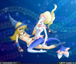Rule 34 | 2017, 2girls, abstract background, absurdres, alternate color, belly, blonde hair, blue background, blue eyes, blush, boots, breasts, bubble, clothing aside, creatures (company), crossover, dark magician girl, eyelashes, feet, female focus, full body, furry, furry female, game freak, gen 7 pokemon, gloves, green eyes, hand on thigh, hat, highres, interspecies, kneeling, leg grab, long hair, looking down, lying, multiple girls, musical note, navel, nintendo, nipples, nude, on back, open clothes, open mouth, panties, panties aside, pokemon, pokemon sm, ponytail, primarina, pubic hair, pussy, shiny pokemon, smile, soles, spread legs, tail, text focus, third-party edit, toes, tongue, tribadism, underwater, underwear, urielmanx7, watermark, web address, wizard hat, yu-gi-oh!, yuri