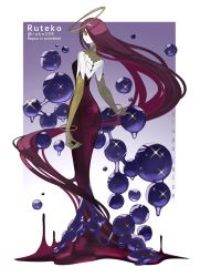 Rule 34 | 1girl, absurdly long hair, closed mouth, colored skin, dress, elbow gloves, from behind, full body, gloves, gradient background, green eyes, hair over one eye, halo, highres, long dress, long hair, looking at viewer, looking back, one eye covered, original, purple background, red dress, red hair, ruteko (ruko220), solo, standing, very long hair, white skin, yellow gloves