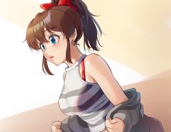Rule 34 | 1girl, blue eyes, bow, bra, bra strap, bralines, breasts, brown hair, commentary, earrings, hair bow, idolmaster, idolmaster million live!, idolmaster million live! theater days, jewelry, kamille (vcx68), large breasts, lips, parted lips, ponytail, red bra, satake minako, shirt, simple background, sleeveless, solo, striped clothes, striped shirt, underwear, undressing