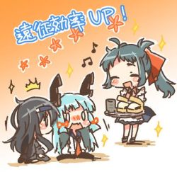Rule 34 | 0 0, 10s, 3girls, alternate costume, aqua hair, bad id, bad twitter id, black hair, blush, bow, character request, chibi, cup, closed eyes, flower, food, green hair, hair bow, hair ornament, hairclip, hatsushimo (kancolle), irako (kancolle), kantai collection, long hair, lowres, multiple girls, murakumo (kancolle), open mouth, orange background, pantyhose, ponytail, rebecca (keinelove), ribbon, smile, sparkle, translation request, tray