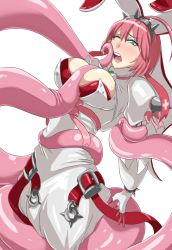 Rule 34 | 1girl, ahoge, arc system works, bhm, blush, breasts, bridal veil, dress, elphelt valentine, gloves, green eyes, guilty gear, guilty gear xrd, large breasts, open mouth, pink hair, rape, restrained, ribbon, shiny clothes, shiny skin, short hair, spikes, sweat, tentacles, tongue, veil, wedding dress, white dress, wince