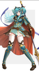 Rule 34 | 1girl, absurdres, alternate hairstyle, aqua dress, aqua eyes, aqua hair, arm up, armor, armored boots, armored dress, belt, boots, breastplate, brown belt, brown gloves, cape, closed mouth, commentary request, cosplay, dress, earrings, eirika (fire emblem), ephraim (fire emblem), ephraim (fire emblem) (cosplay), fire emblem, fire emblem: the sacred stones, fire emblem heroes, floating hair, full body, gloves, gonzarez, hair between eyes, hair ornament, highres, holding, holding polearm, holding weapon, jewelry, long hair, long sleeves, looking at viewer, nintendo, official alternate costume, polearm, ponytail, red cape, short dress, shoulder armor, sidelocks, skindentation, smile, solo, spear, thighhighs, thighs, weapon, weapon behind back, white thighhighs, zettai ryouiki