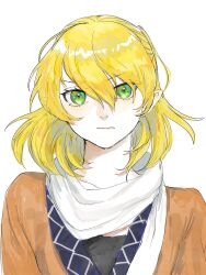 Rule 34 | 1girl, biteikotupinchi, black shirt, blonde hair, brown shirt, closed mouth, commentary, eyes visible through hair, flat chest, green eyes, hair between eyes, half updo, highres, looking at viewer, mizuhashi parsee, pointy ears, portrait, scarf, serious, shirt, short hair, simple background, solo, touhou, undershirt, white background, white scarf