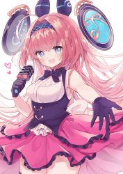Rule 34 | 1girl, :d, ahoge, bare shoulders, black bow, black gloves, black hairband, blue eyes, bow, breasts, brown hair, collared shirt, frilled skirt, frills, gloves, hair intakes, hairband, headgear, heart, highres, holding, holding microphone, karunabaru, lishenna omen of destruction, long hair, looking at viewer, medium breasts, microphone, open mouth, outstretched arm, pink skirt, red bow, shadowverse, shirt, simple background, skirt, sleeveless, sleeveless shirt, smile, solo, standing, very long hair, white background, white shirt