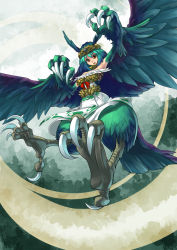 Rule 34 | 1girl, animal feet, animal hands, bird legs, bird tail, bird wings, blue hair, brown eyes, claws, colored eyelashes, dress, engage cross, feather hair, feathers, flying, full body, green feathers, green hair, green wings, harpy, jewelry, long hair, looking at viewer, monster girl, multicolored hair, official art, open mouth, outdoors, solo, strapless, tail, talons, umigarasu (kitsune1963), white dress, winged arms, wings, yamoi games, yellow headwear