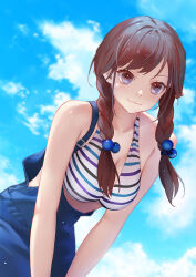 Rule 34 | 1girl, asanogawa (tutufcc), bare shoulders, bikini, bikini top only, braid, breasts, brown hair, cleavage, collarbone, highres, large breasts, leaning forward, long hair, looking at viewer, original, overalls, purple eyes, sky, smile, solo, strap slip, striped bikini, striped clothes, swept bangs, swimsuit, twin braids