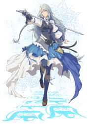Rule 34 | absurdres, boots, braid, dress, final fantasy, final fantasy xvi, frilled sleeves, frills, full body, gloves, grey hair, highres, jill warrick, leather vest, long hair, looking to the side, matthew barker, neck ribbon, ribbon, serious, single braid, single glove, snowflake background, sword, vest, weapon