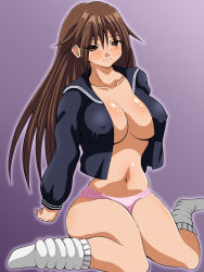 Rule 34 | 00s, 1girl, blush, breasts, brown eyes, brown hair, cleavage, covered erect nipples, eyes visible through hair, gradient background, highres, ichigo 100 percent, inabakun00, kitaooji satsuki, large breasts, light smile, long hair, looking at viewer, matching hair/eyes, navel, no bra, open clothes, open shirt, panties, pink panties, purple background, shirt, sitting, socks, solo, standing, underwear, wariza