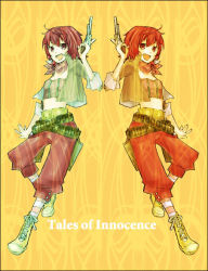 Rule 34 | 1girl, alfa system, bad id, bad pixiv id, belt, buzz (moi), copyright name, dual persona, gun, iria animi, pants, red hair, scarf, shoes, short hair, symmetry, tales of (series), tales of innocence, weapon, yellow background