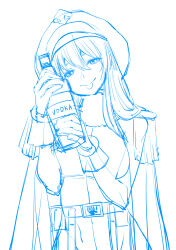 Rule 34 | 1girl, alcohol, andreanof pepesha, belt, bodysuit, bottle, breasts, bukimi isan, closed mouth, cowboy shot, fur collar, gloves, hair between eyes, hat, highres, holding, holding bottle, jacket, jacket on shoulders, large breasts, long hair, monochrome, shy (series), sketch, smile, solo, spirits (shy), unfinished, vodka