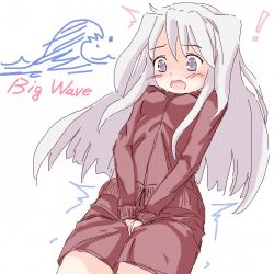 Rule 34 | !, 1girl, between legs, blush, breasts, dutch angle, embarrassed, english text, female focus, grey eyes, grey hair, hand between legs, have to pee, jacket, jirene, long hair, long sleeves, looking down, matching hair/eyes, notice lines, open mouth, original, own hands together, red jacket, red shorts, shorts, simple background, small breasts, solo, standing, sweat, trembling, white background