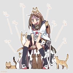 Rule 34 | 1girl, :3, = =, animal, animal in clothes, animal on head, animal on lap, arm support, bad id, bad pixiv id, between legs, black skirt, blush, breasts, brown hair, cat, cat on head, cat on lap, chair, colored eyelashes, confused, fangs, full body, grey background, hand between legs, kneeling, long hair, on chair, on head, on lap, open mouth, original, outline, school uniform, scratching, serafuku, shade, shapoco, shoes, short sleeves, simple background, sitting, skirt, spread legs, surrounded, too many, too many cats, twitter username, uwabaki, wavy mouth