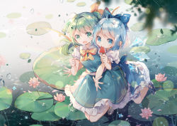 Rule 34 | 2girls, ahoge, blue bow, blue dress, blue eyes, blue hair, bow, cirno, commentary request, daiyousei, detached wings, dress, eating, fairy wings, flower, food, food theft, frilled skirt, frills, full body, green eyes, green hair, green skirt, green vest, hair bow, hair ribbon, holding, holding food, ice, ice wings, lily pad, looking at viewer, lotus, multiple girls, open mouth, outdoors, ponytail, popsicle, puffy short sleeves, puffy sleeves, rain, ribbon, rokusai, short hair, short sleeves, skirt, touhou, vest, water, water drop, watermelon bar, wings, yellow neckwear, yellow ribbon