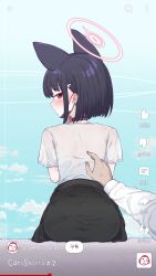 Rule 34 | 1girl, animal ears, ass, black choker, black hair, blue archive, cat ears, choker, clothes around waist, colored inner hair, doodle sensei (blue archive), earrings, from behind, halo, highres, jacket, jacket around waist, jewelry, kazusa (band) (blue archive), kazusa (blue archive), long sleeves, looking at viewer, looking back, multicolored hair, pink hair, pink halo, red eyes, rla13753, sensei (blue archive), shirt, short hair, short sleeves, sitting, solo, solo focus, stud earrings, t-shirt, user interface, white shirt